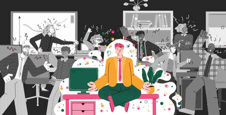 Man in office doing meditation yoga while people around are in conflict