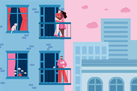 Cityscape with building and people on balconies, cartoon vector illustration.のイラスト素材