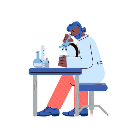 Man in science laboratory doing research on microscopeのイラスト素材