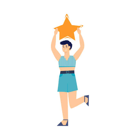 Woman holding up a yellow star - competition success or good review symbolのイラスト素材