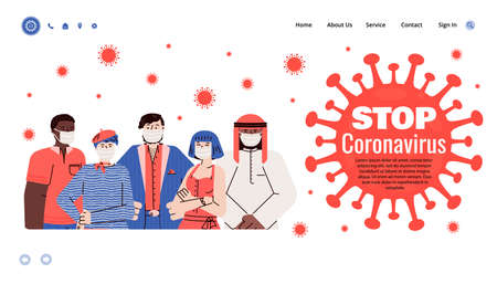 Stop coronavirus banner with group of people cartoon vector illustration.のイラスト素材