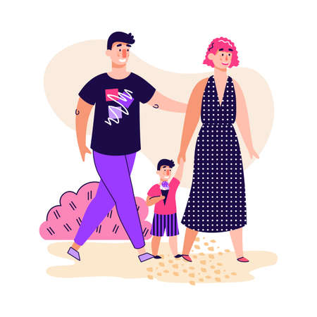 Happy parent couple walking in outdoor park with little child eating ice creamのイラスト素材