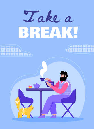 Take a break poster with man drinking coffee at cafe table and reading bookのイラスト素材