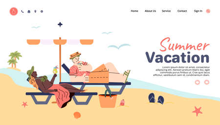 Website banner with people enjoying summer vacation flat vector illustration.のイラスト素材