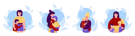 Happy mother and children hugging flat cartoon vector illustration isolated.のイラスト素材