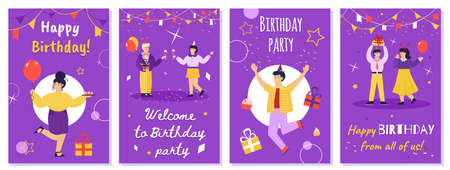 Happy birthday message greeting cards set, sketch cartoon vector illustration.のイラスト素材