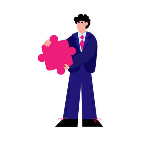 Businessman cartoon character holding jigsaw puzzle element vector illustration isolated on white background. Business partnership and company teamwork.のイラスト素材