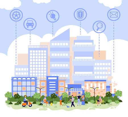Smart city background a modern cityscape with icons of applications and services for citizens comfort, flat vector illustration. Urban environment navigation system.のイラスト素材