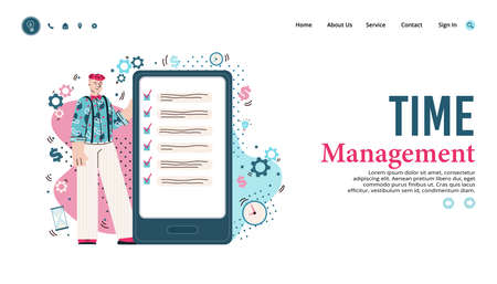 Time management website banner with man using business to do list app on giant smartphone. Productivity service homepage template, vector illustration.のイラスト素材