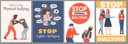 Scared, sad people are abused by aggressive evil characters. Vector concept of bullying and...