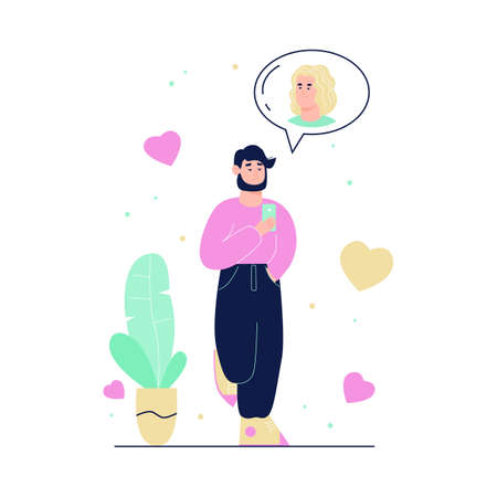 Virtual love and online dating concept with man character chatting with attractive woman via mobile...