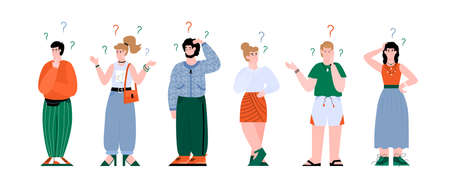 Confused people set, cartoon men and women with question marks scratching their head and looking...