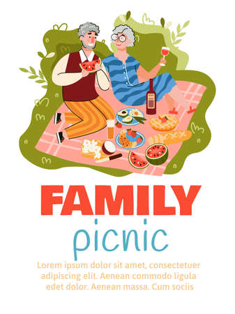 Family picnic flyer or banner design with cute senior elderly couple enjoying eating together outdoor, cartoon vector illustration isolated on white background.のイラスト素材