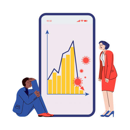COVID-19 finance crisis - sad business people looking at stock market crash graph on mobile app on phone screen. Cartoon office workers worried, isolated vector illustration.のイラスト素材