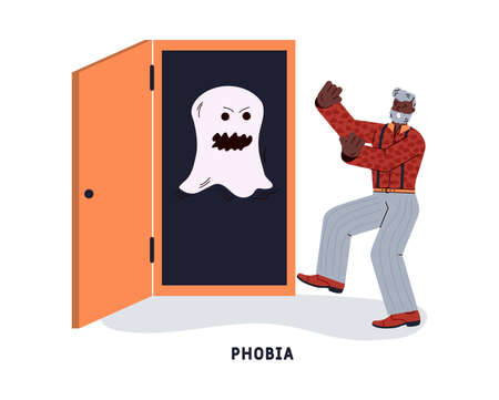 A man who is afraid of an evil ghost from a dark wardrobe. A phobia, anxiety or panic attack. Vector flat illustration isolated on a white background.のイラスト素材