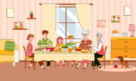 Family reunion at festive meal scene with grandparents and children, cartoon vector illustration. The family has lunch together at a common large table.のイラスト素材