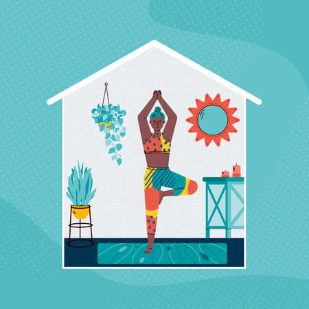 Woman cartoon character practicing yoga exercises at home, flat vector illustration. Women's home health care activity and sport recreation indoors at home.のイラスト素材