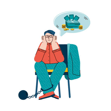 A man in a suit sits on a chair chained to a coronavirus. Helplessness and despair due to bankruptcy. Flat vector illustration of the global economic crisis.のイラスト素材