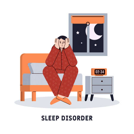 Sleep disorder concept with insomniac man cartoon character sitting in bed, cartoon vector illustration isolated on white background. Man trying to fall asleep.のイラスト素材