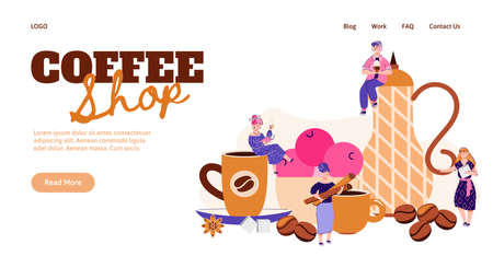 Website interface mockup for coffee shop with crockery for coffee drinking, flat vector illustration. Landing page template for restaurant or store, cafe.のイラスト素材