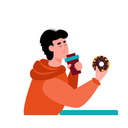 Man cartoon character holds a mug of tea or coffee and in the second hand a donut, flat vector illustration isolated on white background. Man having a coffee break.のイラスト素材