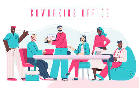 A horizontal banner with a team of people who meet and work at computers in the open space office. Creative people working together in a coworking center. Vector cartoon illustration.のイラスト素材