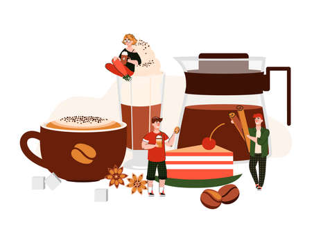 Coffee poster with cartoon people among giant drink cup, glass and pot with hot spiced beverage. Cafe meal concept with tiny coffee lovers, isolated vector illustration.のイラスト素材