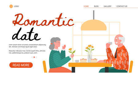 Senior couple on romantic date eating dessert and drinking tea at cozy restaurant table. Website banner template with old cartoon people in cafe, vector illustration.のイラスト素材