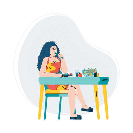 Modern woman cartoon character eating organic fresh food flat vector illustration isolated on white background. Healthy eating and nutrition, home leisure concept.のイラスト素材