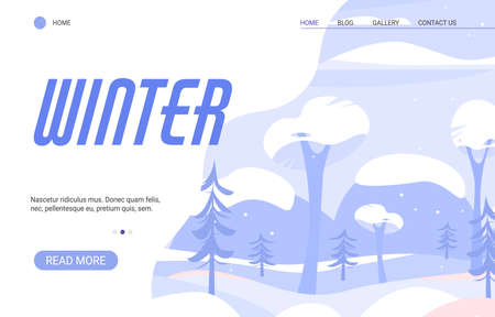 Winter season of nature. Winter landscape with snowfall, trees and mountains. Vector flat illustration. Landing page template.のイラスト素材