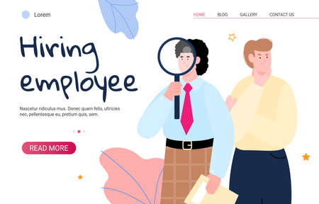 Recruiting and hiring employee web site with HR managers or recruiters watching through huge magnifier, flat cartoon vector illustration isolated on white background.のイラスト素材