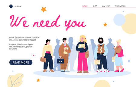 Employee search website banner with cartoon job candidates standing with CV papers and one person in spotlight. Vector illustration of HR webpage template.のイラスト素材