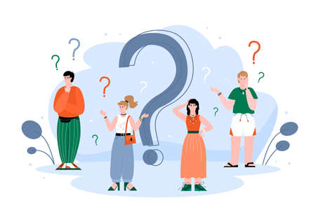 Confused people in doubts standing around question mark, flat illustration isolated on white background. Customers support and technical assistance.のイラスト素材