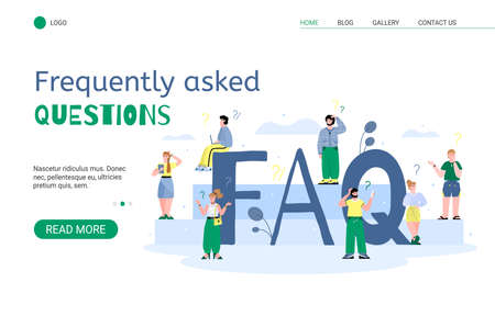 Website banner of find the right answer to all questions or FAQ with people standing around big FAQ letters, cartoon vector illustration. Marketing and customers support.のイラスト素材