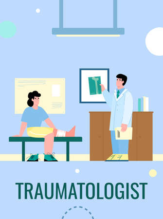 Traumatology medicine banner with doctor traumatologist and patient vector illustration in flat style. Doctor traumatologist and injured patient with broken leg.のイラスト素材