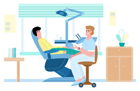 Doctor and patient at dental clinic, flat cartoon vector illustration. Patient at dentists office on medical examination checking his dental condition.のイラスト素材