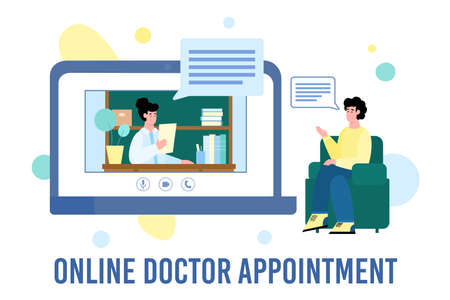 Online doctor appointment banner with cartoon characters of patient and medical specialist communicating online, flat vector illustration isolated on white background.のイラスト素材