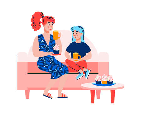 Mother and daughter sitting on sofa drinking tea with dessert. Cartoon woman and girl having drinks and eating cupcakes together, isolated illustration.のイラスト素材