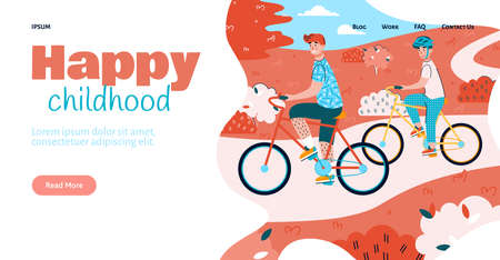 Happy childhood website template with family cycling together in park, flat vector illustration. Family activities and joint recreation of parents with children.のイラスト素材