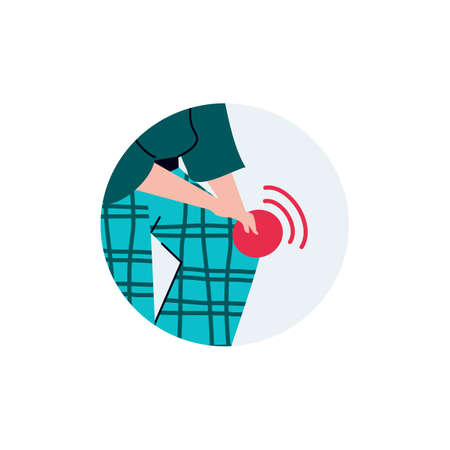 Medical symbol or sign of leg ache or knee orthopedic pain, flat vector illustration isolated on white background. Body pain in knee joint of injury or arthritis.のイラスト素材