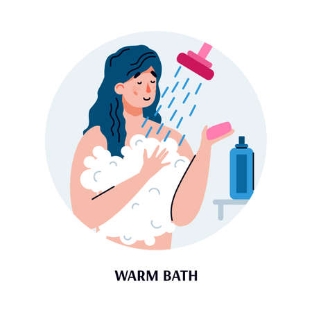 Woman taking warm shower with soap bubbles in bath room - cartoon person smiling and soaping up body while showering.のイラスト素材