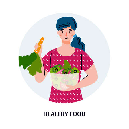 Healthy food and eating banner with woman eating fresh salad and vegetables, flat illustration isolated on white background. Avatar for dieting and healthy menu.のイラスト素材