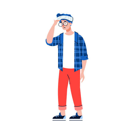 Injured man with bandage on forehead, flat cartoon illustration isolated on white background.のイラスト素材
