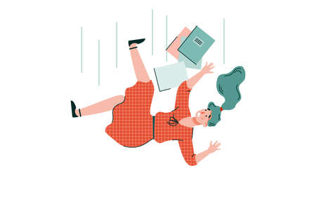 Shocked young woman with books is falling down. Accident, injury, dismissal from work or expulsion from an educational institution. Vector cartoon isolated illustration.のイラスト素材