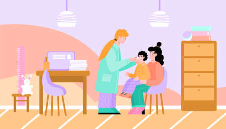 Pediatrician with child patient in hospital room interior - cartoon boy and his mom at doctor appointment for health checkup. Clinic visit vector illustration.のイラスト素材