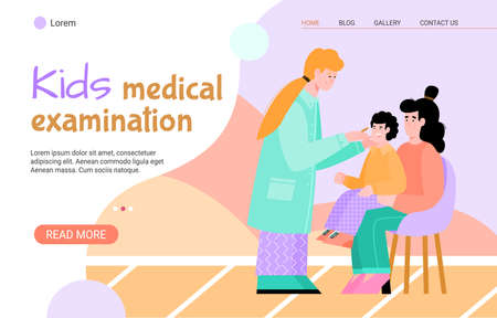 Kids medical examination web banner with mother and child at reception at the pediatrician, flat cartoon vector illustration. Podiatry and childrens healthcare.のイラスト素材