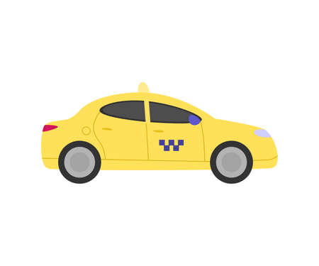 Traditional urban yellow taxi car side view, flat vector flat illustration isolated on white background. Taxi transport symbol or sign for passengers transportation.のイラスト素材