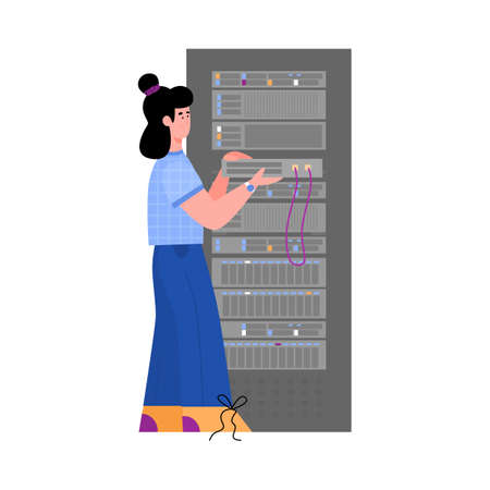 Data center technician or engineer controlling work of hosting servers, flat cartoon illustration...