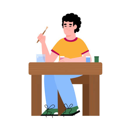 Kindergarten or preschool age child drawing sitting at desk, flat cartoon illustration isolated on white background. Children art education and creativity.のイラスト素材