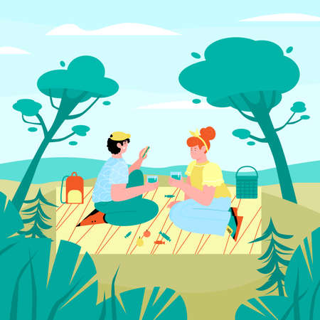 Romantic summer picnic of loving couple, cartoon flat vector illustration. Cartoon characters of man and woman having summertime picnic in the countryside.のイラスト素材